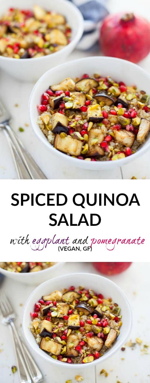 A flavorful, lightened up holiday side dish, this Middle Eastern spiced quinoa salad with eggplant and pomegranate is vegan gluten-free and sure to be enjoyed by all of your holiday guests!