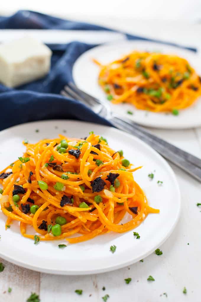 Comfort food with a twist. This Butternut Squash Noodles Carbonara with Mushroom Bacon is a great way to add more veggies to your plate!