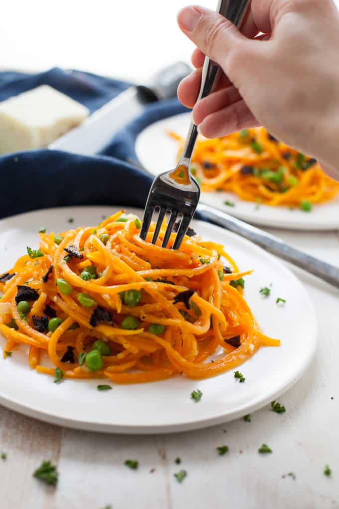 Butternut Squash Noodles Carbonara with Mushroom Bacon