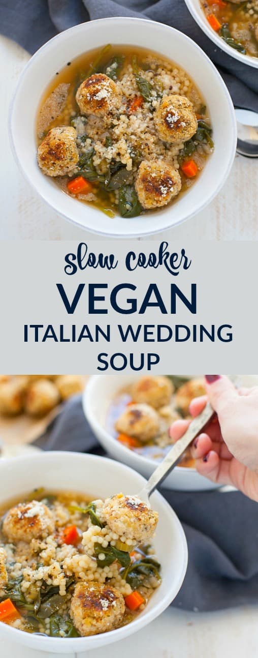 Slow Cooker Vegan Italian Wedding Soup is a delicious and satisfying plant-based alternative to this classic comfort food. Plus, it's super easy to make in the slow cooker.