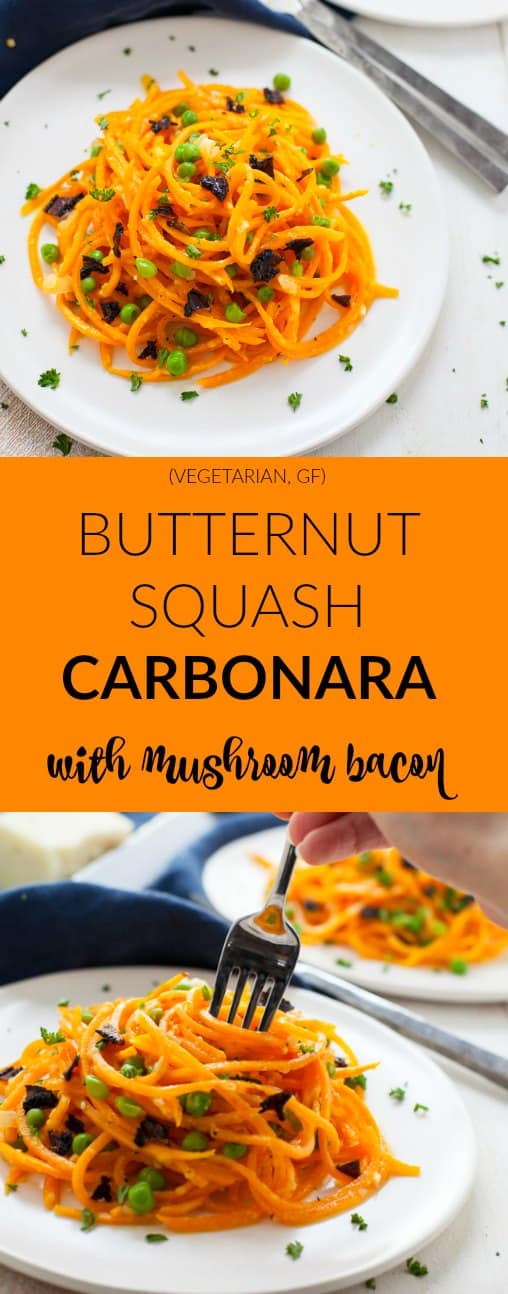 Comfort food with a twist. This Butternut Squash Noodles Carbonara with Mushroom Bacon is a great way to add more veggies to your plate!