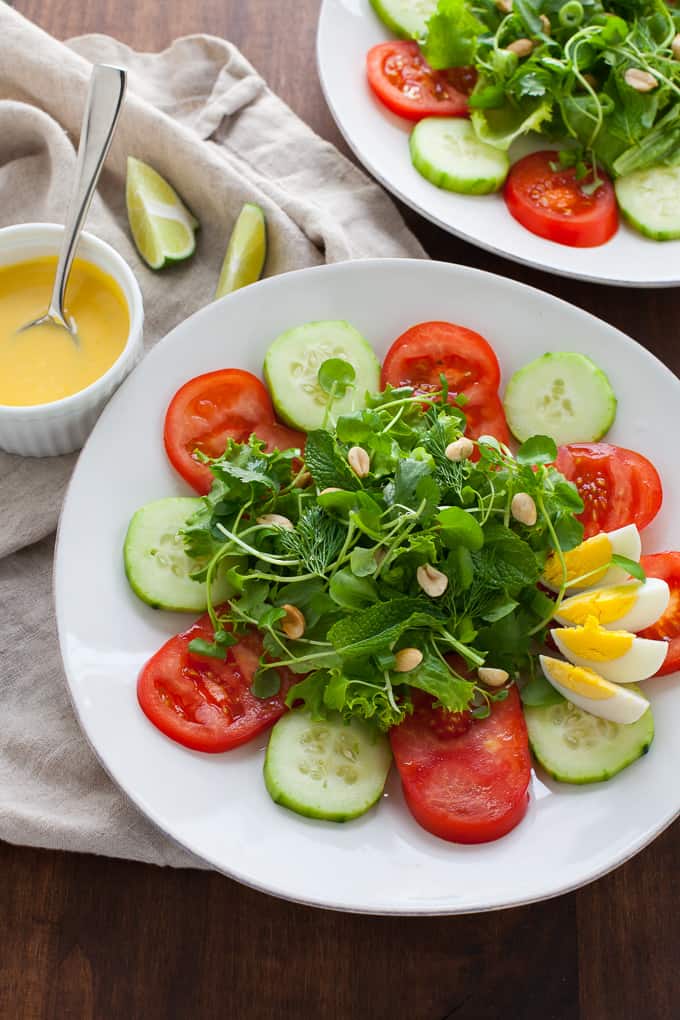 The freshest salad there ever was, this Luang Prabang salad is packed with tons of herbs and paired with a creamy sweet and sour dressing, inspired by my recent trip to Laos.