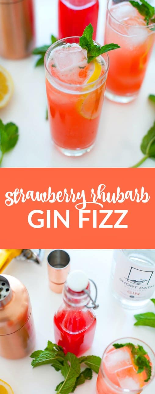 This strawberry rhubarb gin fizz is bright, refreshing and super seasonal. Make this cocktail for your next spring gathering or just for a fun Friday night happy hour. 