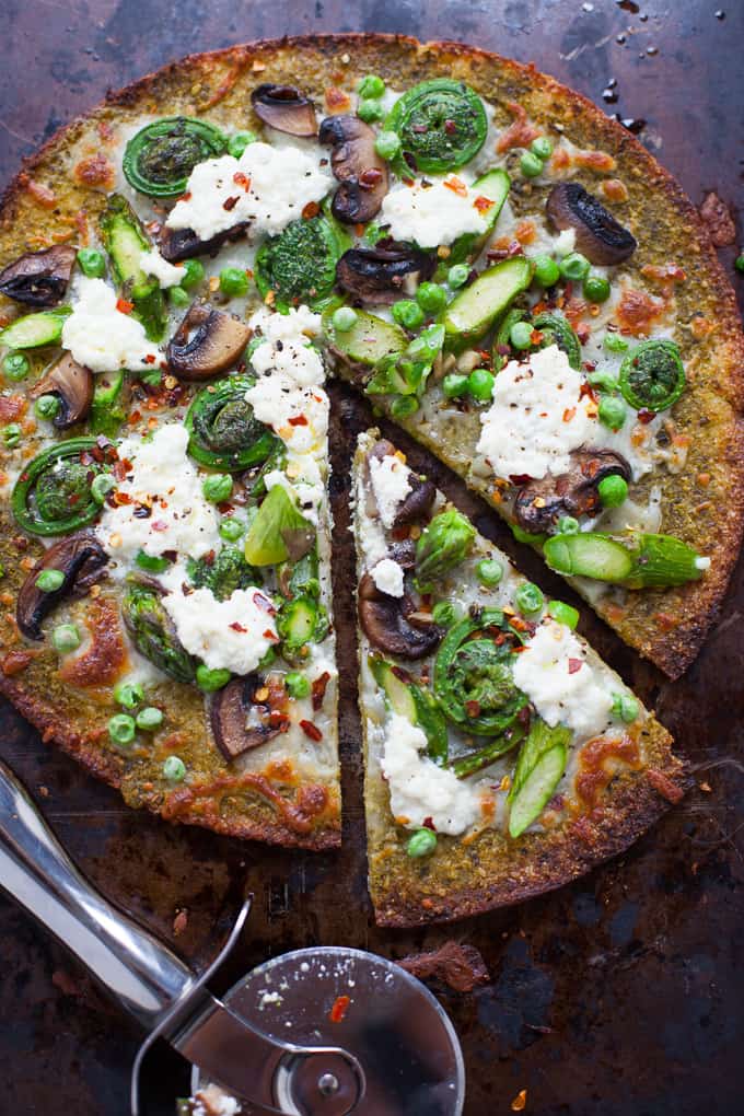 Spring Vegetable Pizza with Trader Joe's Cauliflower Pizza Crust | Kara Lydon