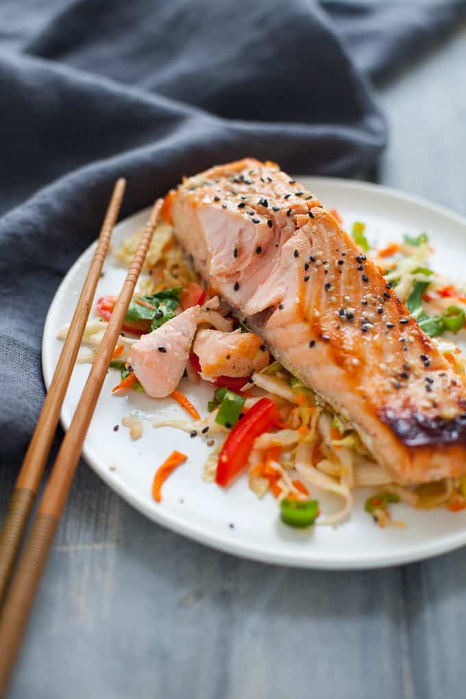 This delicious green tea marinated salmon with Asian slaw is a colorful, flavor-packed dish that’s bursting with nutrients.