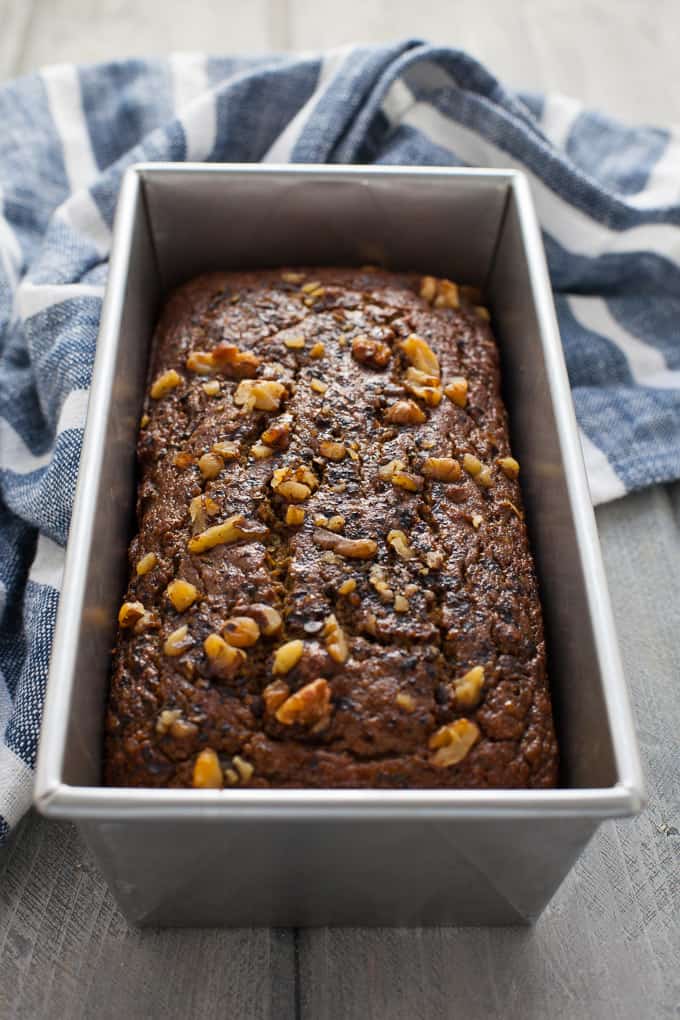 This whole-wheat pumpkin chocolate chip zucchini bread is easy to make and delicious for breakfast or snack or dessert! 