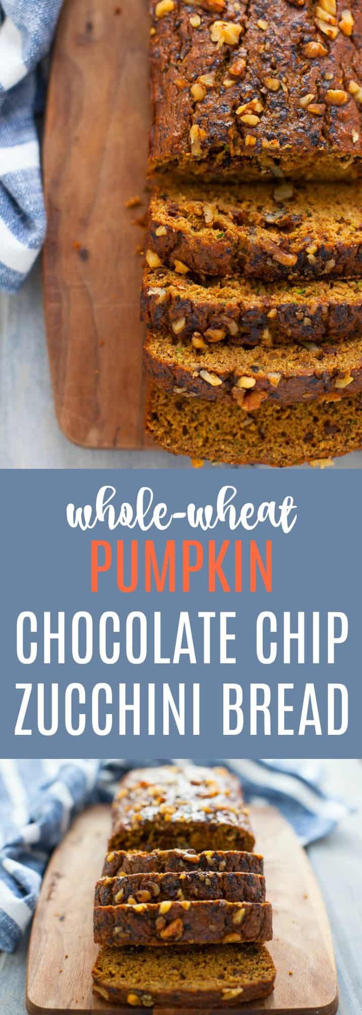 This whole-wheat pumpkin chocolate chip zucchini bread is easy to make and delicious for breakfast or snack or dessert! 