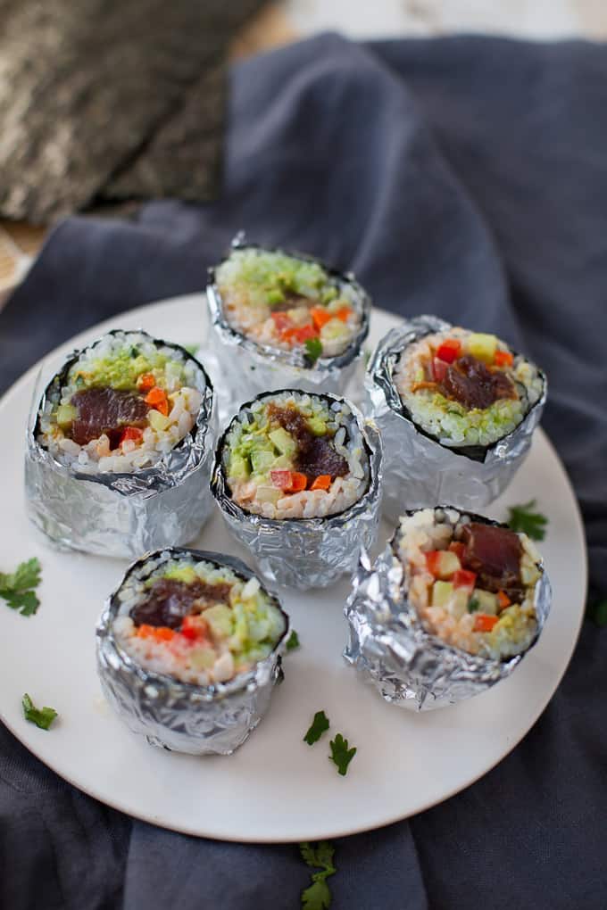 These mini tuna sushi burritos are the cutest appetizers to serve at your next get-together! Not to mention, they’re pretty delicious too. 