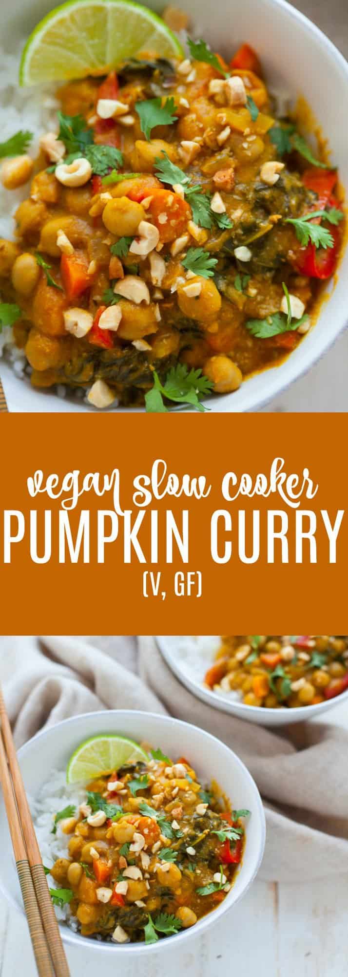 A warm and hearty vegan slow cooker pumpkin curry that's sure to satisfy on a cold fall or winter night. 