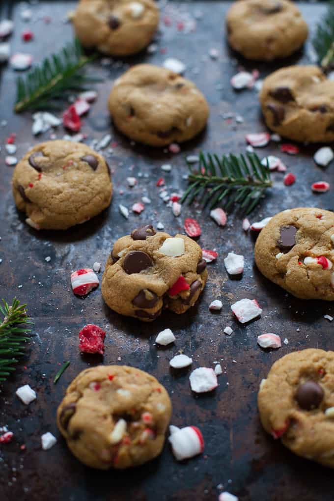 Delicious treats for the holidays! These easy peppermint dark chocolate chip cookies are made with whole-wheat flour and are perfectly festive for a holiday cookie swap!