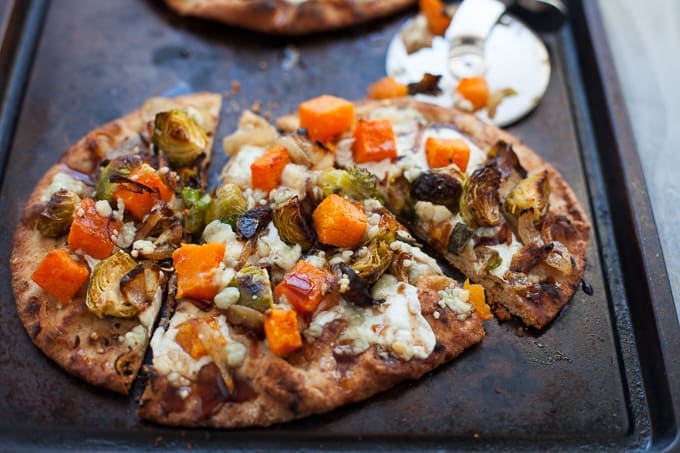 Butternut Squash and Brussels Sprouts Naan Pizza - The Foodie Dietitian | Kara Lydon
