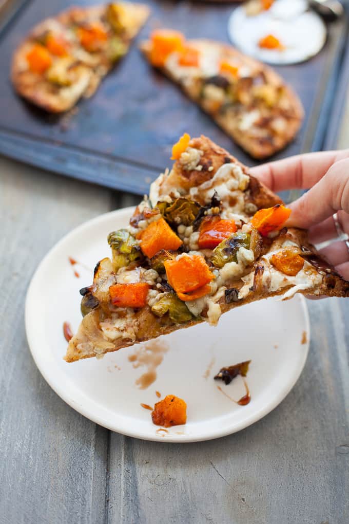 naan pizza with winter veggies like butternut squash and Brussels sprouts