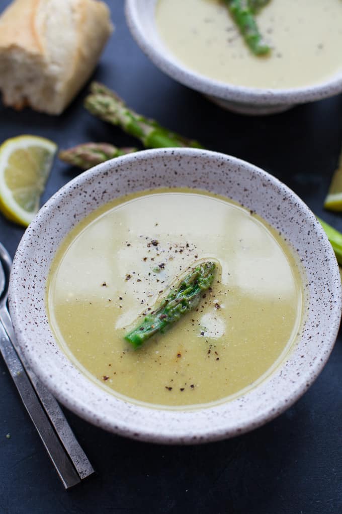 With only six ingredients needed, this crockpot cream of asparagus soup might be the easiest soup you'll ever make. #glutenfree #vegetarian