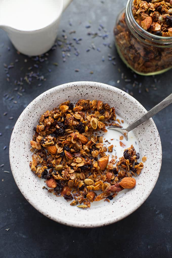 Floral and reminiscent of springlike temps that are hopefully on their way, this lavender granola is perfect paired with milk, yogurt, or just eaten straight out of the jar!