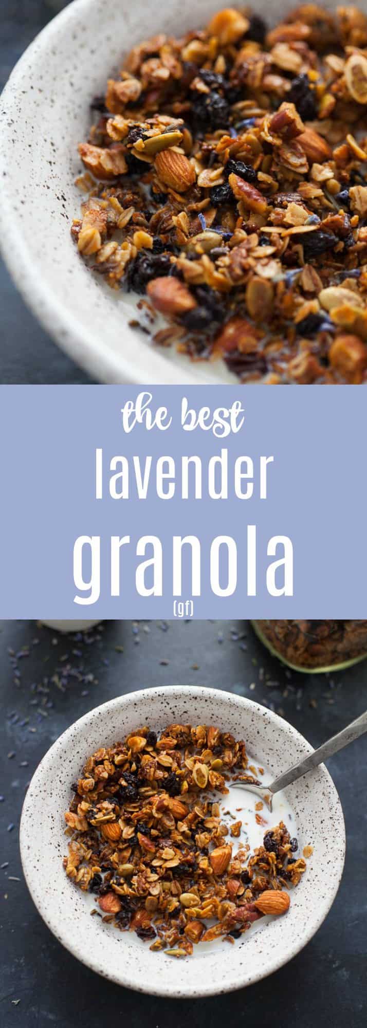 Floral and reminiscent of springlike temps that are hopefully on their way, this lavender granola is perfect paired with milk, yogurt, or just eaten straight out of the jar!