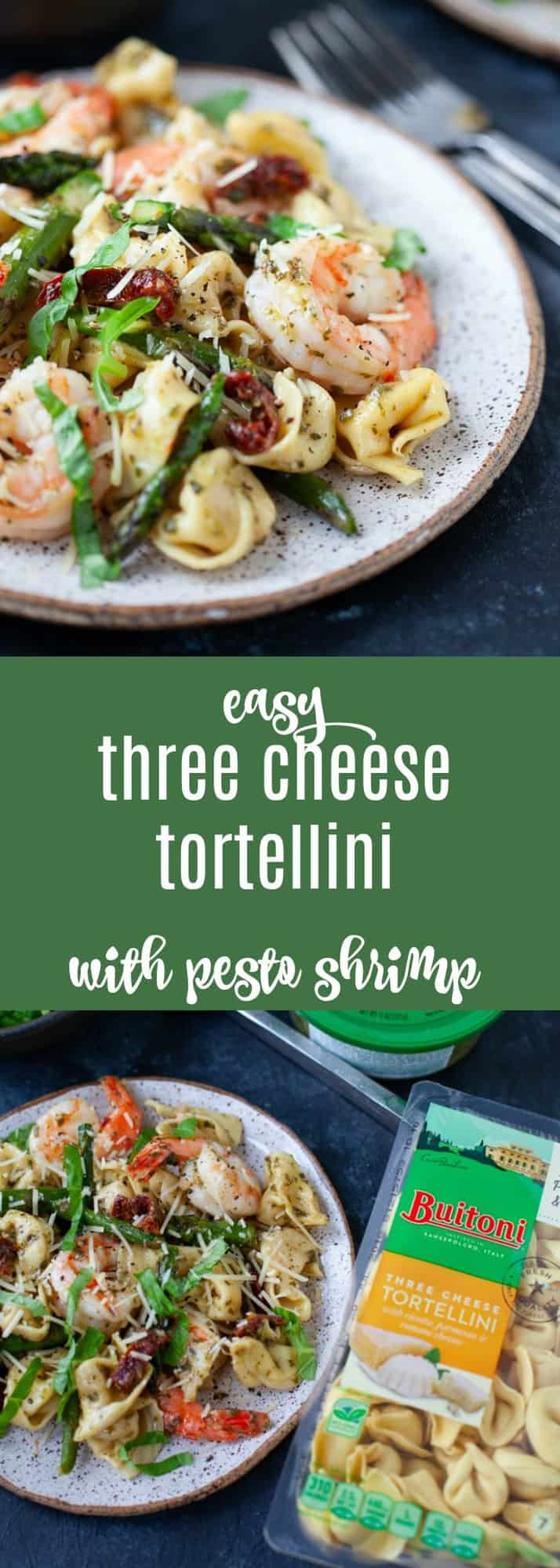 The perfect weeknight dinner, this Three Cheese Tortellini with Pesto Shrimp and Asparagus comes together in less than 30 minutes.