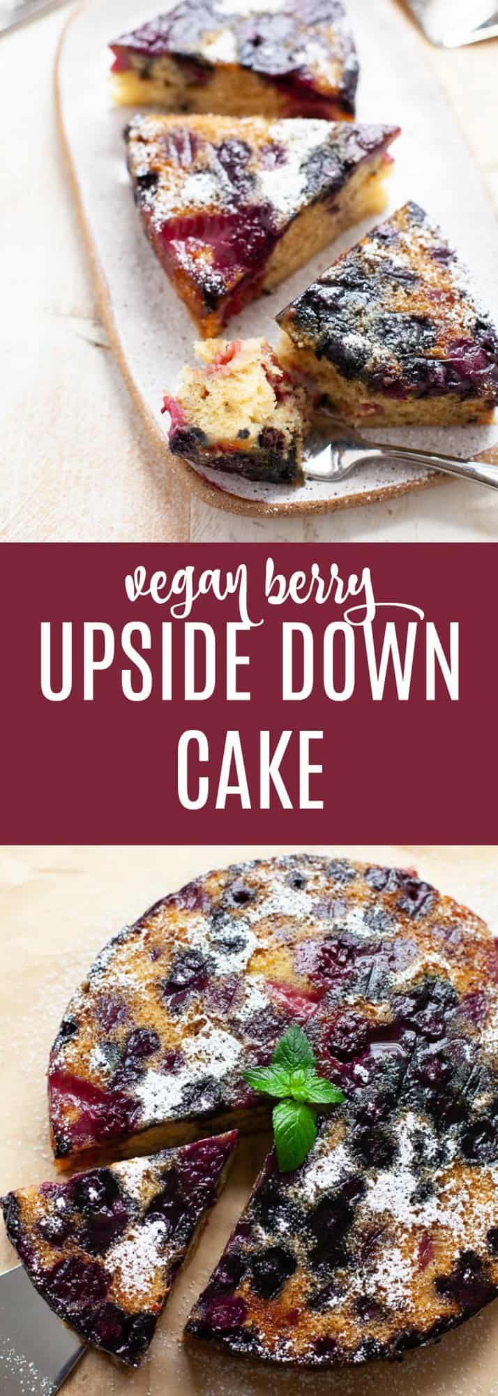 The perfect addition to your end-of-Summer gathering or companion to a cup of afternoon tea, this vegan berry upside down cake is dense, spongy, and combines fresh flavors such as olive oil and mint into a sweet symphony. #vegan