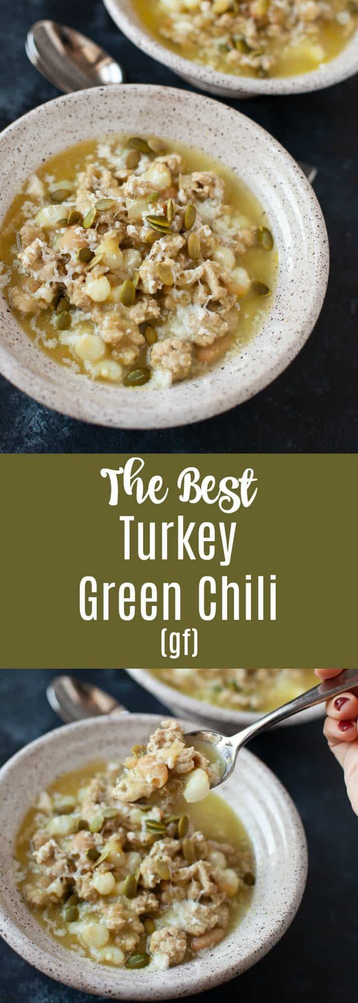 Spicy, warming, and satisfying, this turkey green chili is perfect for cooler weather. It's fantastic for leftovers, and makes for an easy, healthy meal to eat throughout a busy week. #chili #turkey #greenchili #gf #glutenfree