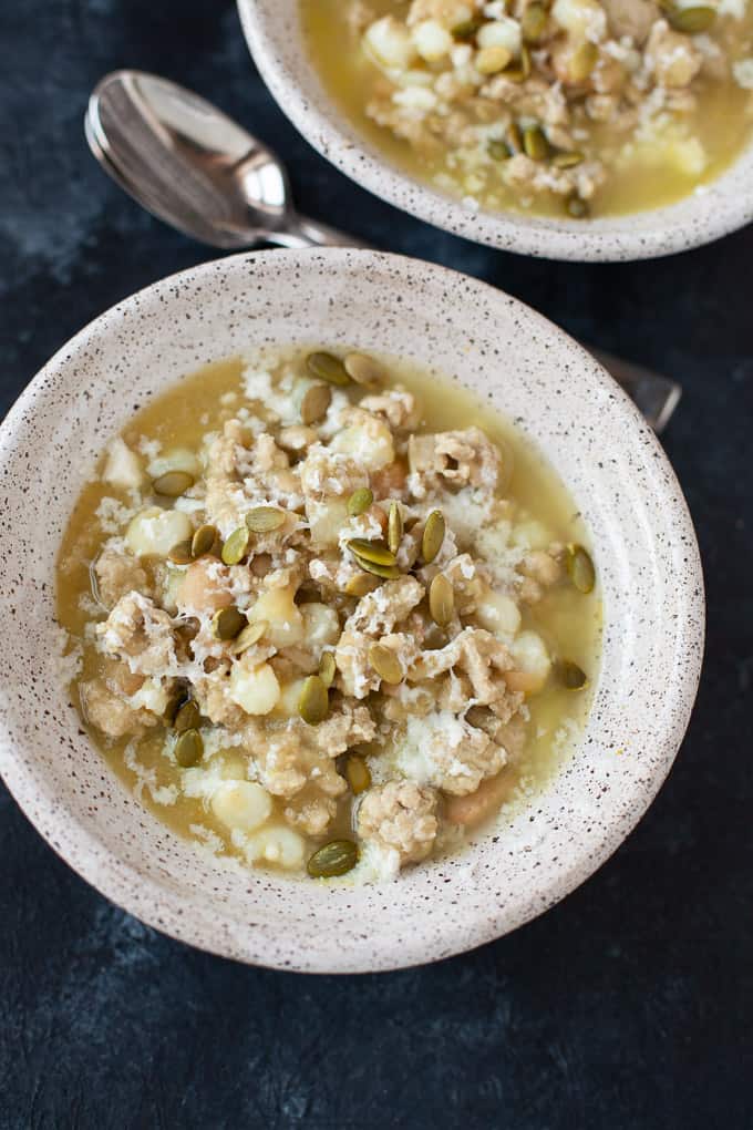 Spicy, warming, and satisfying, this turkey green chili is perfect for cooler weather. It's fantastic for leftovers, and makes for an easy, healthy meal to eat throughout a busy week. #chili #greenchili #turkey