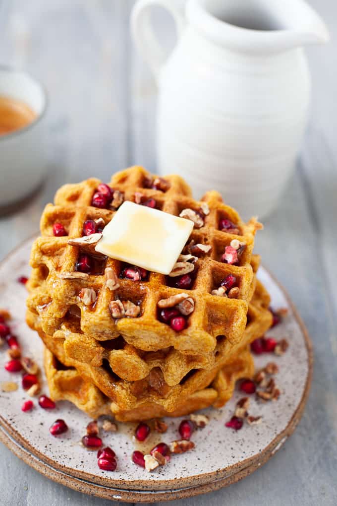 A festive holiday breakfast or brunch dish, these dairy free whole wheat butternut squash waffles are light, fluffy, and deliciously sweet. #dairyfree #waffles #wholewheat #butternutsquash