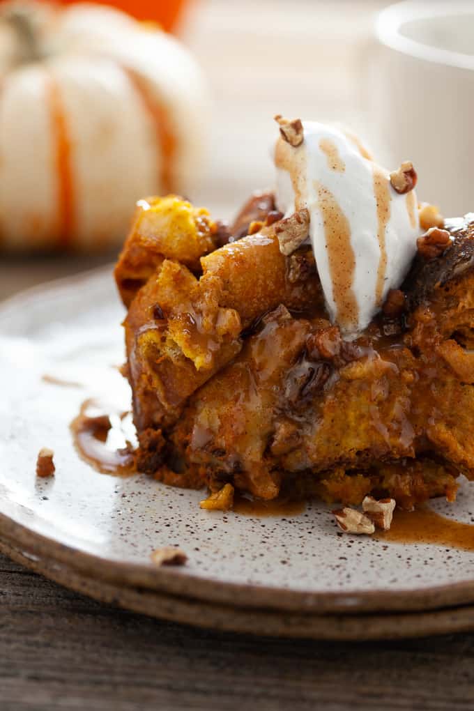 Slow Cooker Pumpkin Bread Pudding with Quick Caramel Sauce