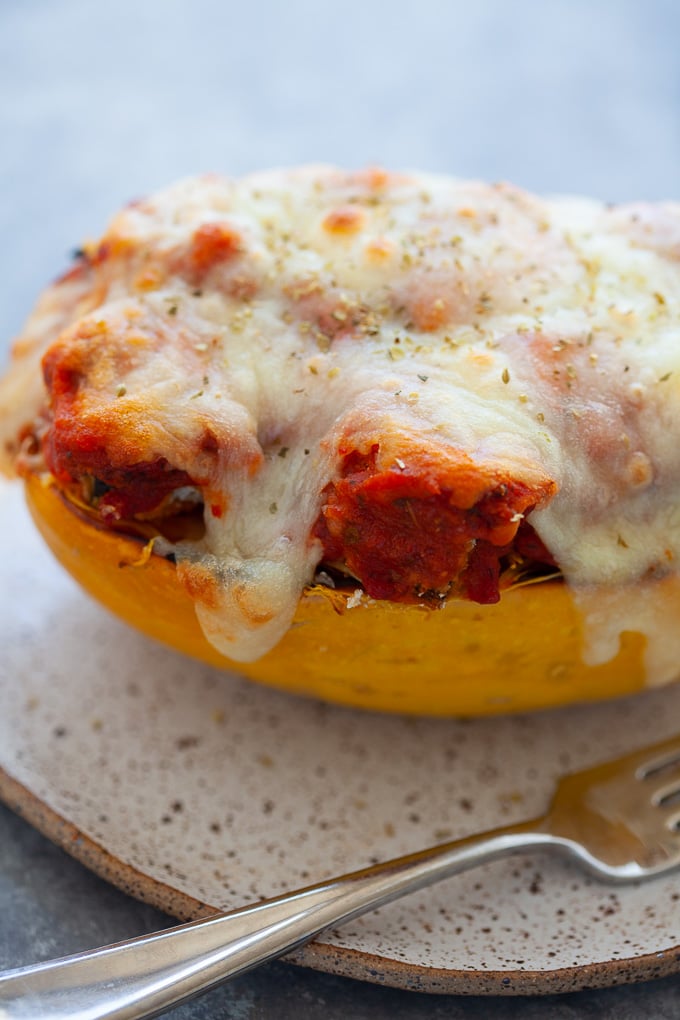 Eggplant Parmesan Spaghetti Squash Boats #vegetarian