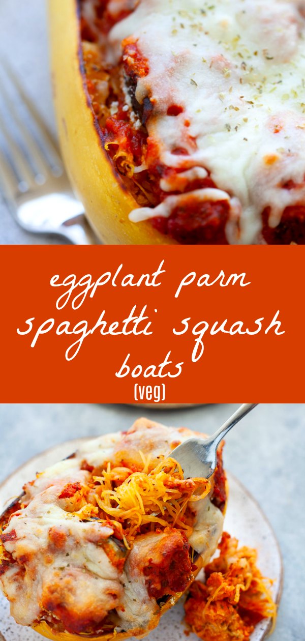 A classic comfort food gets a fun seasonal twist. Eggplant parmesan spaghetti squash boats make for a hearty, cheesy, delicious dinner. #spaghettisquash #vegetarian #eggplantparm