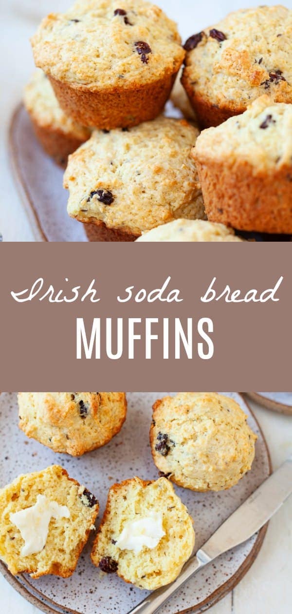 These Irish soda bread muffins are an Irish girl's DREAM. Imagine the flavor of Irish soda bread with the fluffy texture of a muffin. This recipe is perfect to have around for breakfast, especially during St. Patrick's Day weekend! #StPatricksDay #sodabread #Irish