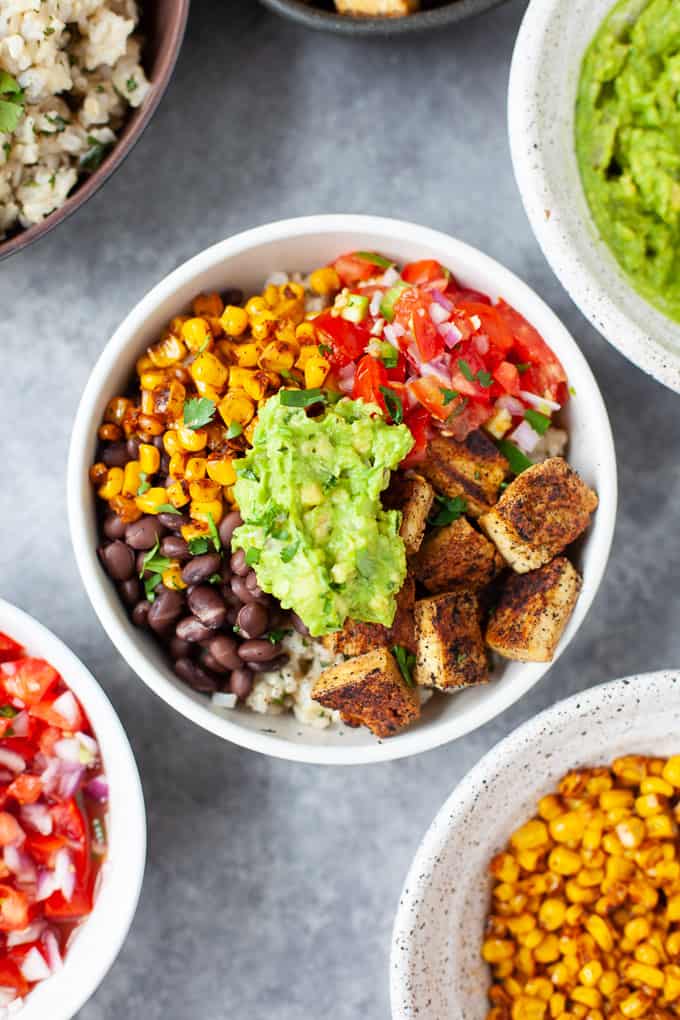 vegan burrito bowl with fresh guacamole