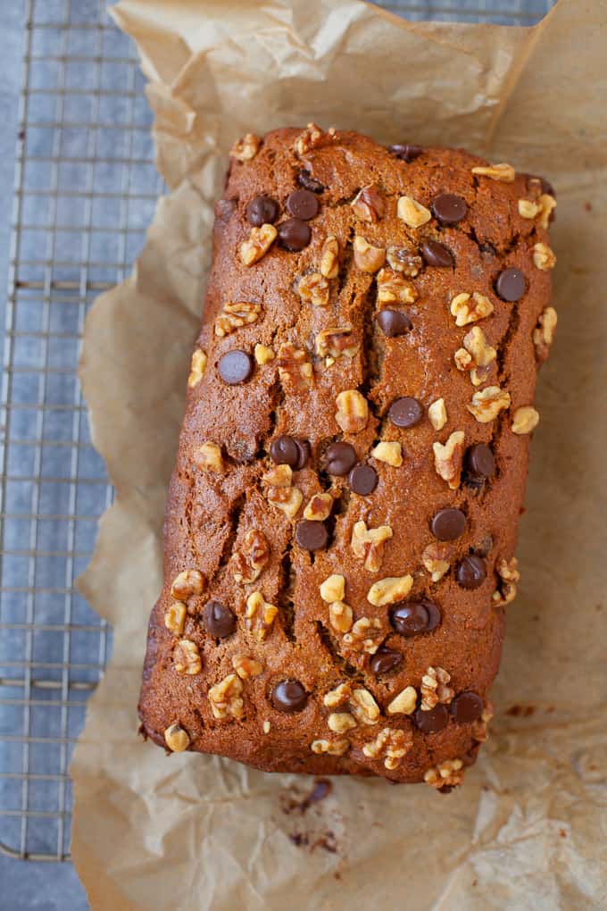 This Tahini Chocolate Chip Banana Bread is perfect for an afternoon snack, breakfast or even dessert! All the goodness of banana bread plus that delicious nutty flavor from the tahini! #bananabread #tahini #chocolate