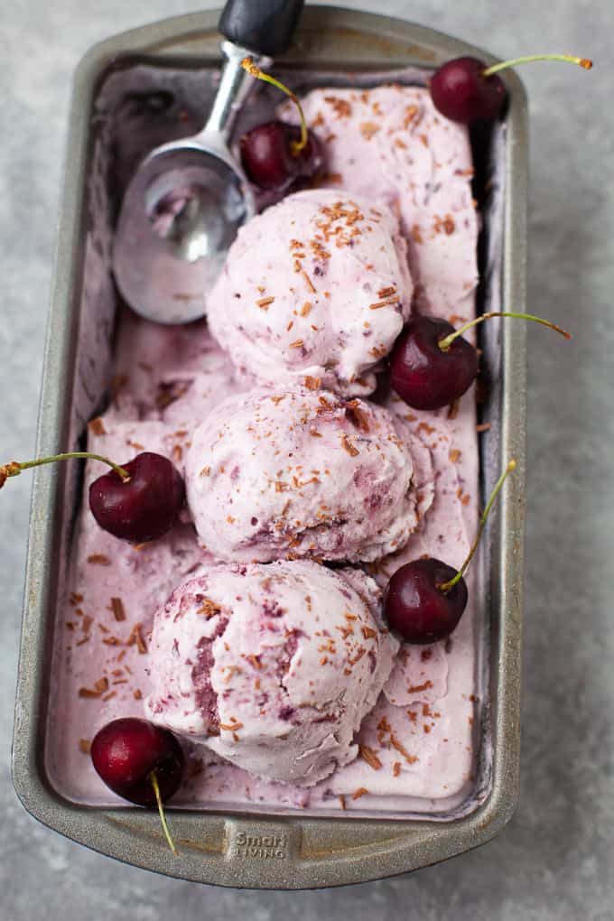 cherry chocolate chunk ice cream with ice cream cone
