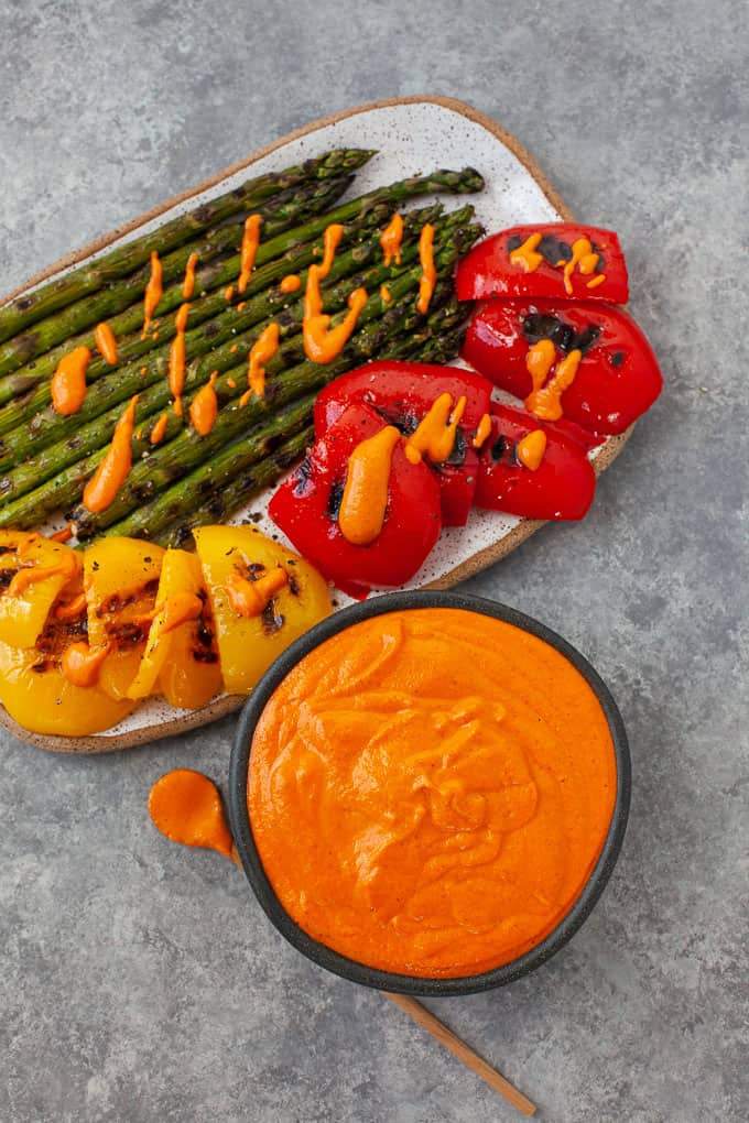 grilled peppers and asparagus served with romesco sauce