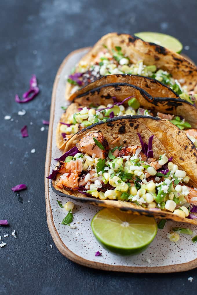 blackened salmon tacos with corn avocado salsa