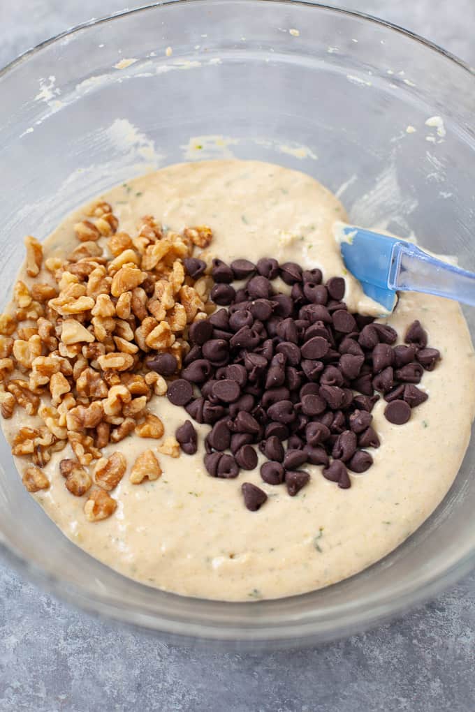 bread mix, chocolate chips, and walnuts in mixing bowl