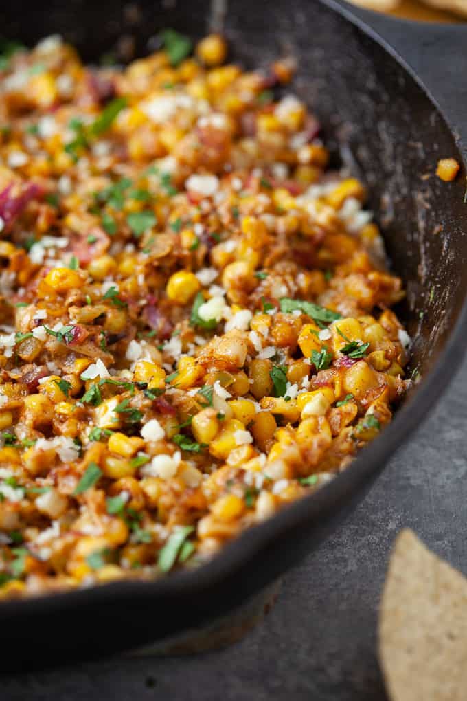 Mexican street corn dip in a skillet