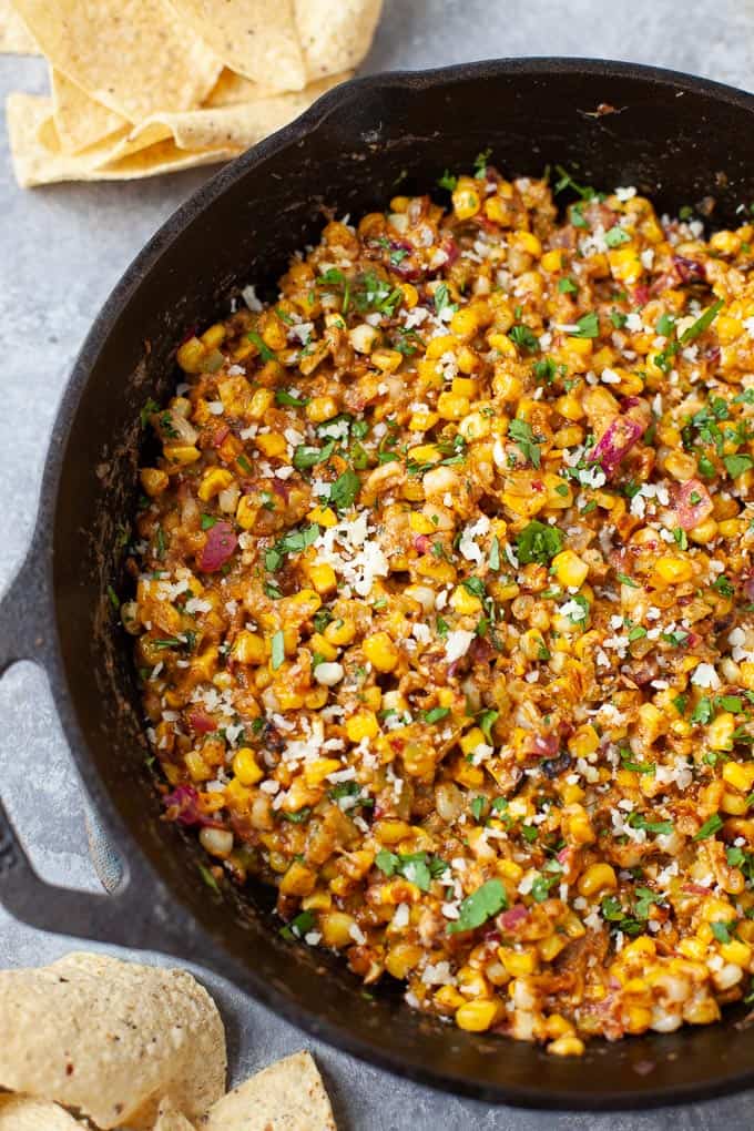 Mexican street corn dip in a skillet