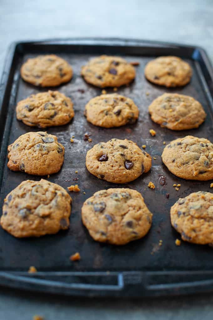 Gluten Free Pumpkin Chocolate Chip Cookie laid out on baking sheet