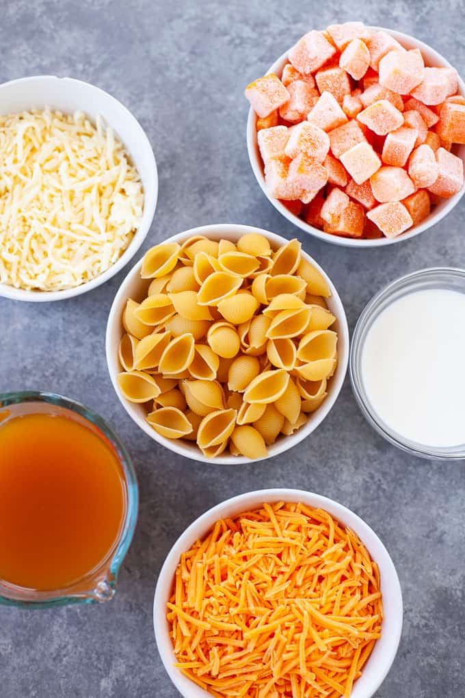 pasta shells, butternut squash, and shredded cheese