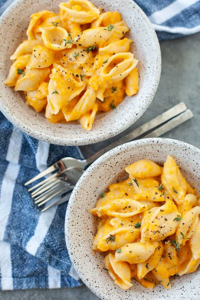 two bowls of butternut squash mac and cheese