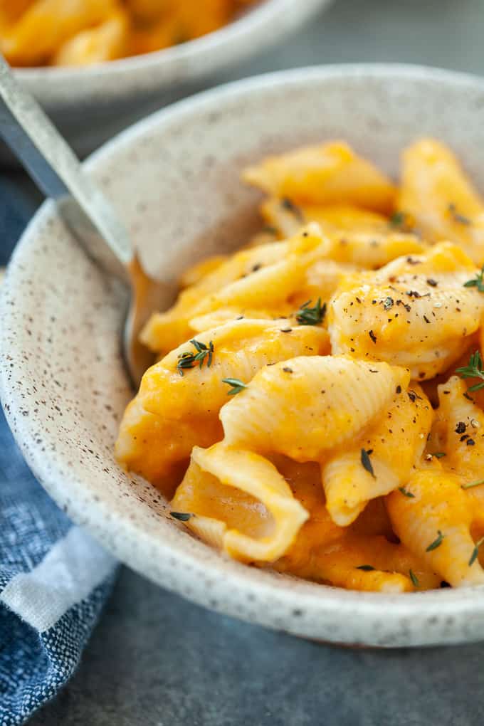 butternut squash mac and cheese in a bowl