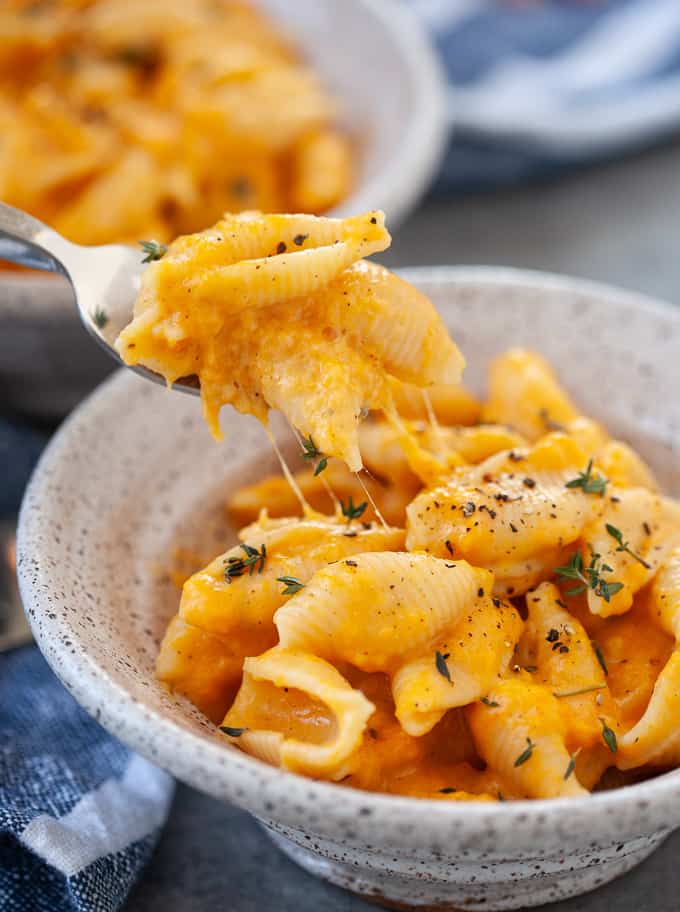butternut squash mac and cheese in a bowl