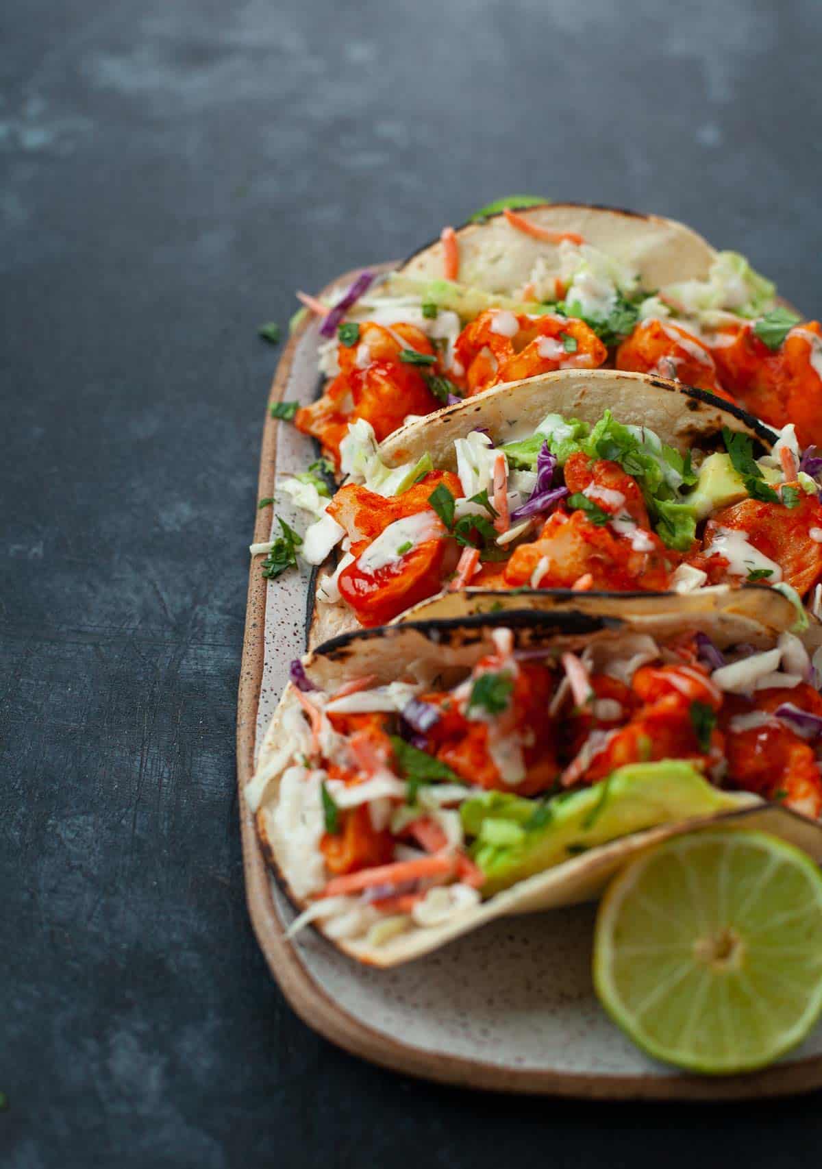 buffalo cauliflower tacos with ranch slaw