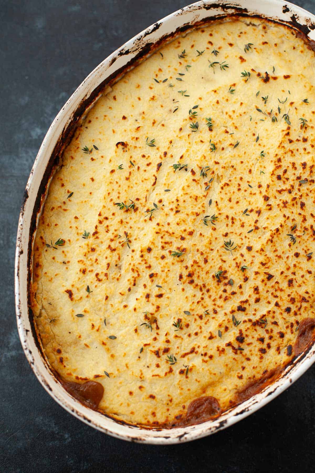 vegan shepherd's pie made with mashed cauliflower and lentils