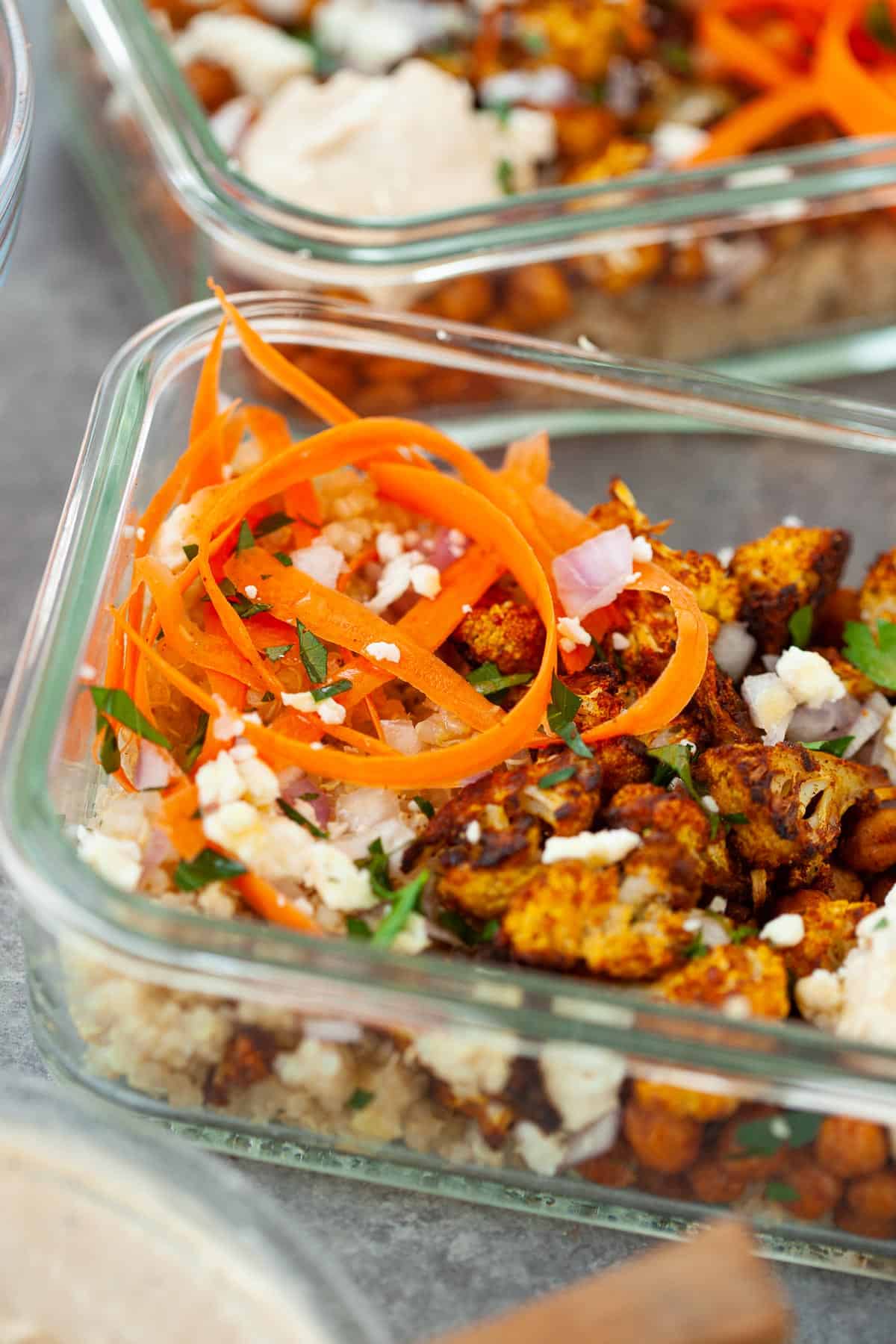 Moroccan Chickpea ingredients placed in a glass container for a satisfying meal prep lunch