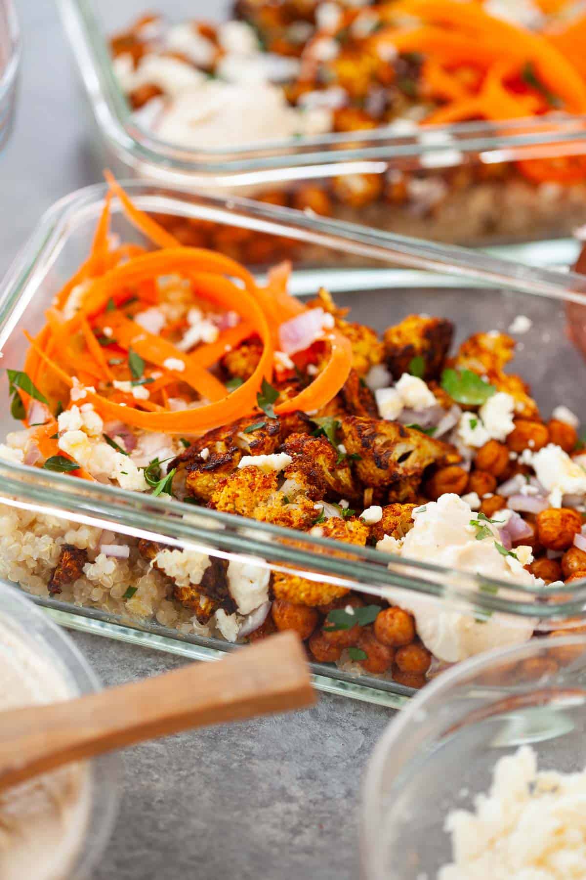 Moroccan Chickpea ingredients placed in a glass container for a satisfying meal prep lunch