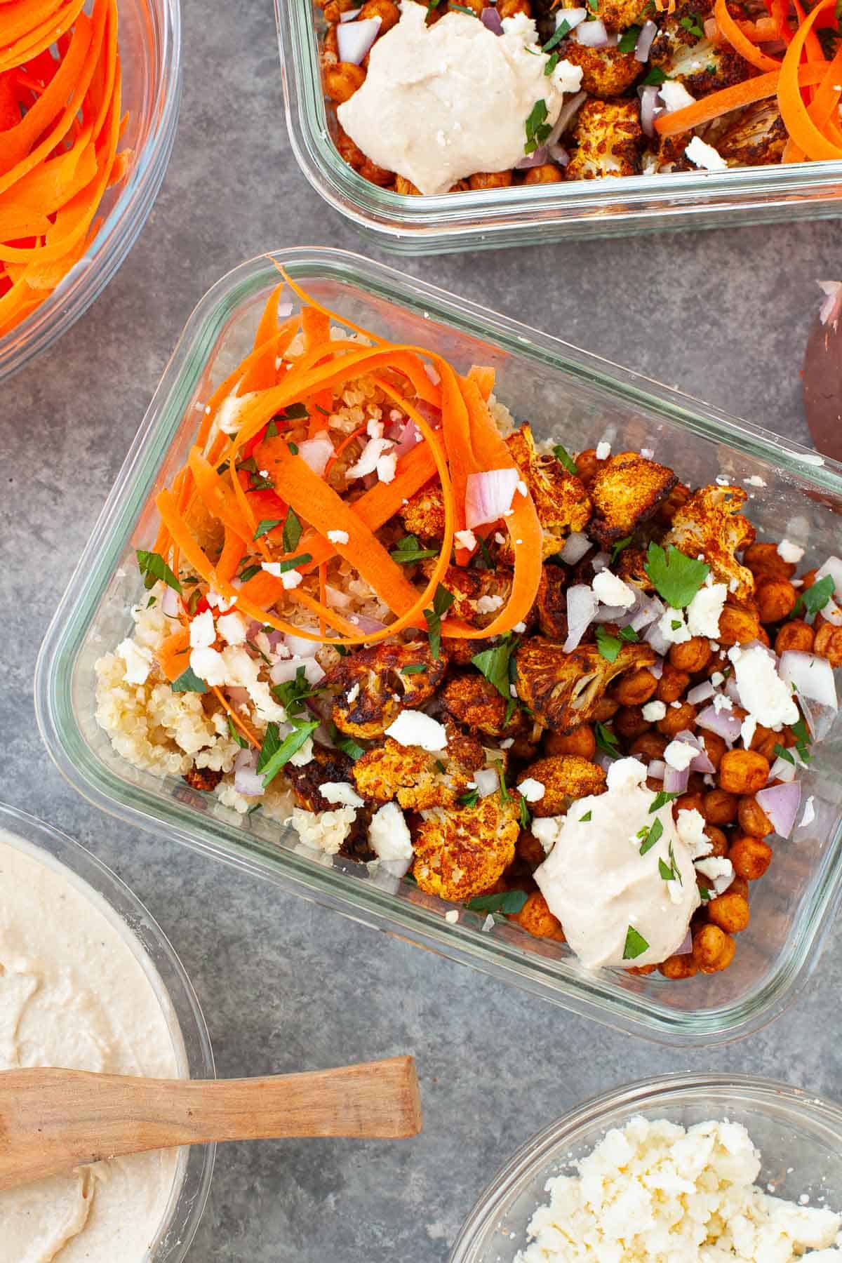 Moroccan Chickpea ingredients placed in a glass container for a satisfying meal prep lunch