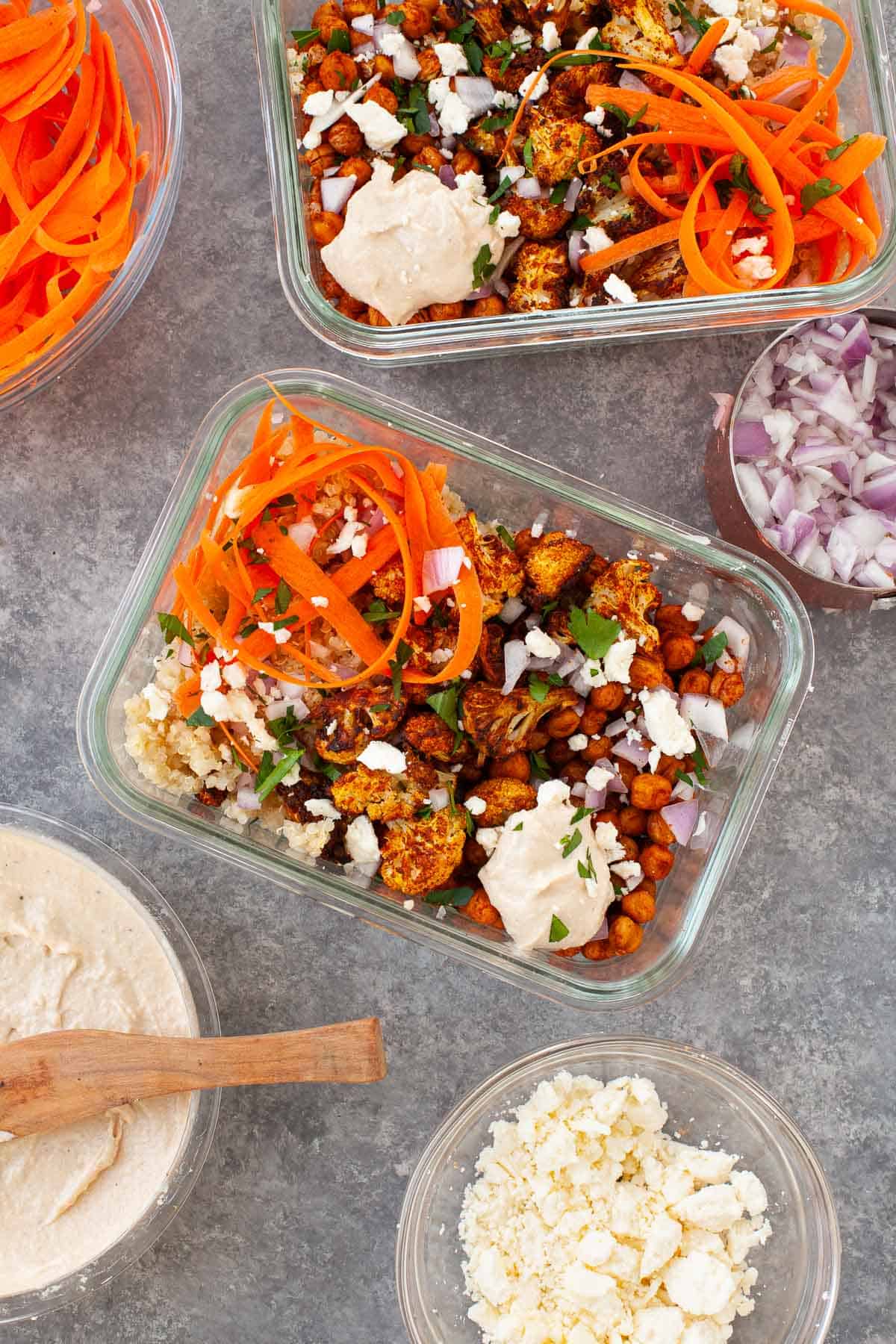 Moroccan Chickpea ingredients placed in a glass container for a satisfying meal prep lunch