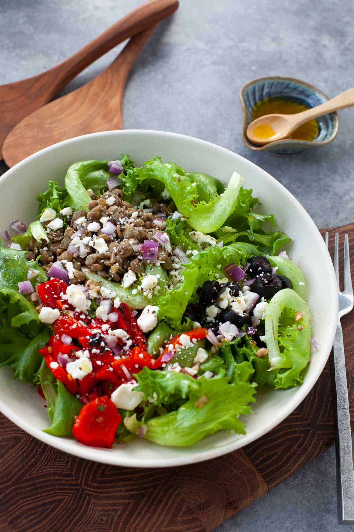 Greek lentil salad served with fresh ingredients