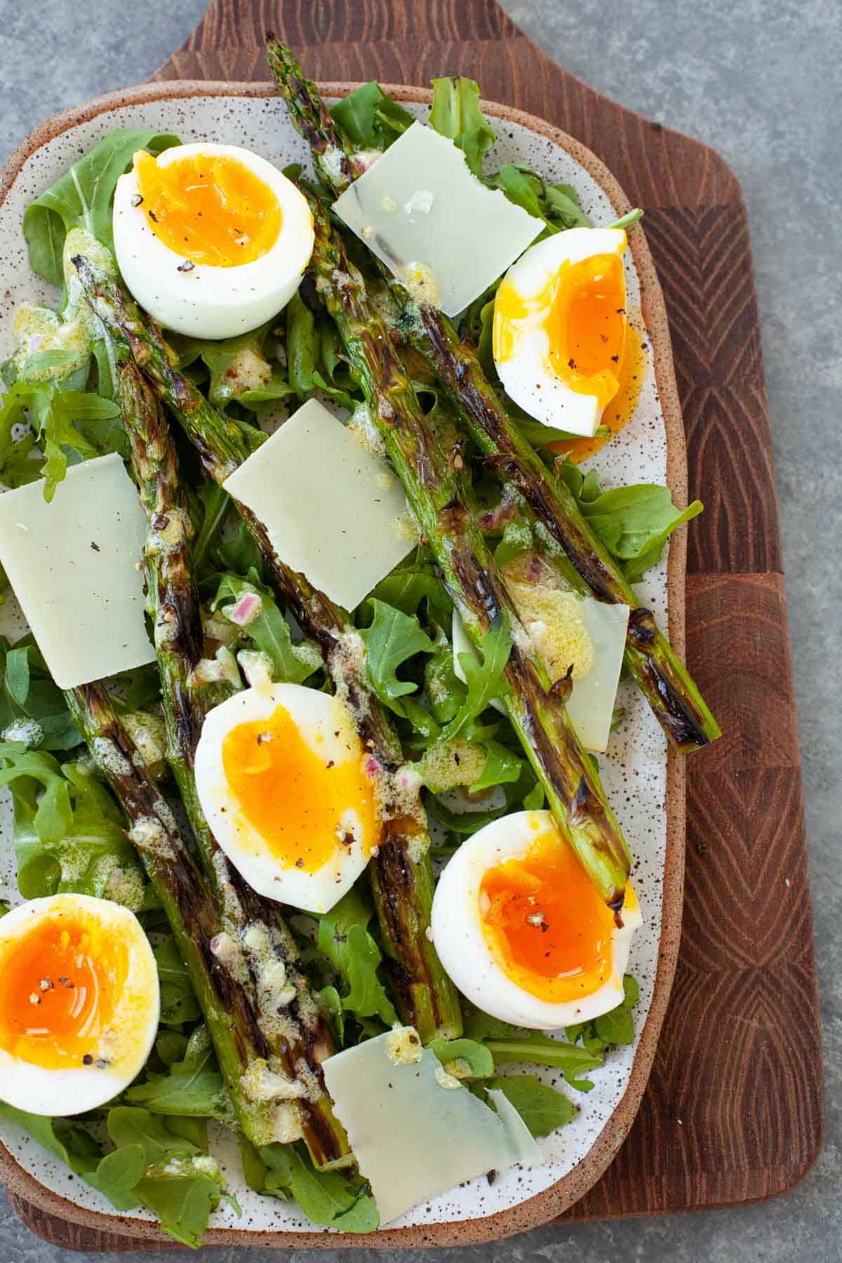 charred asparagus salad with soft boiled egg