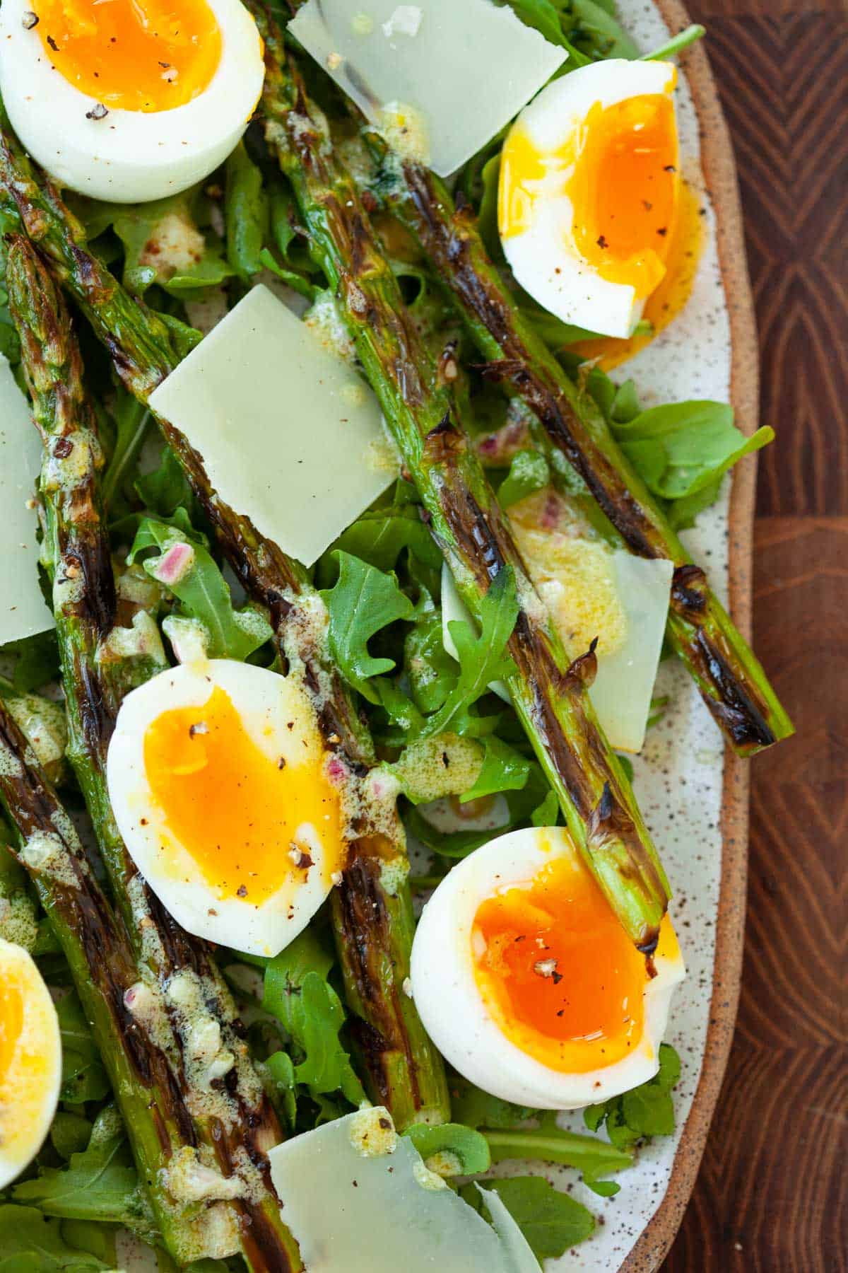 charred asparagus salad with soft boiled egg